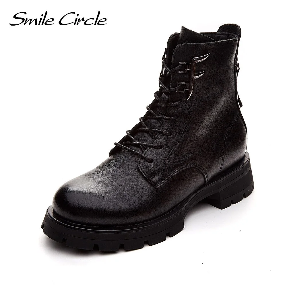 Smile Circle Autumn Ankle Boots Women Platform Boots Cow Leather zipper Soft comfortable Ladies Short Motorcycle Boots