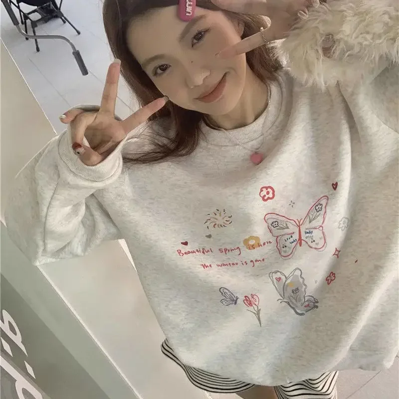 Krillerbot Harajuku Kawaii Graphic Print Hoodies Women Cutecore Long Sleeve Sweatshirt Korean Retro Oversized Y2K Tops Grunge Kpop