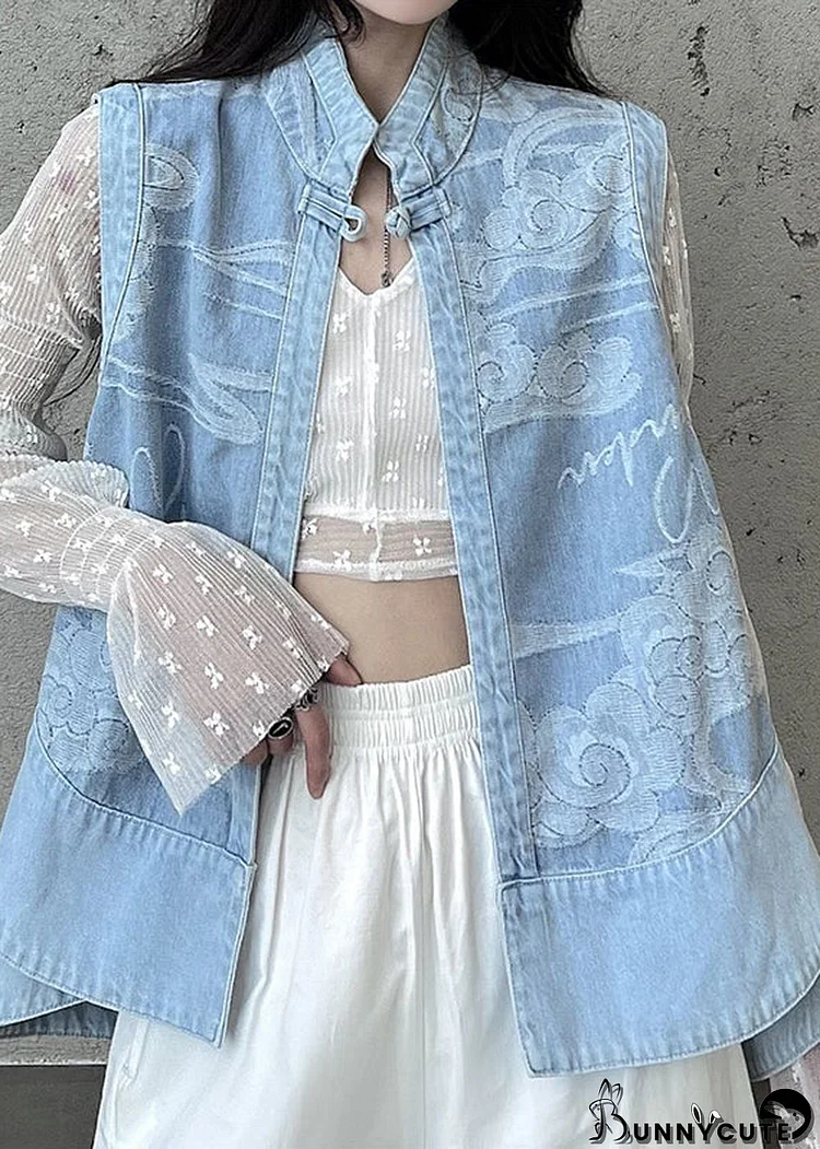 Italian Light Blue Stand Collar Print Patchwork Denim Waistcoat Fall