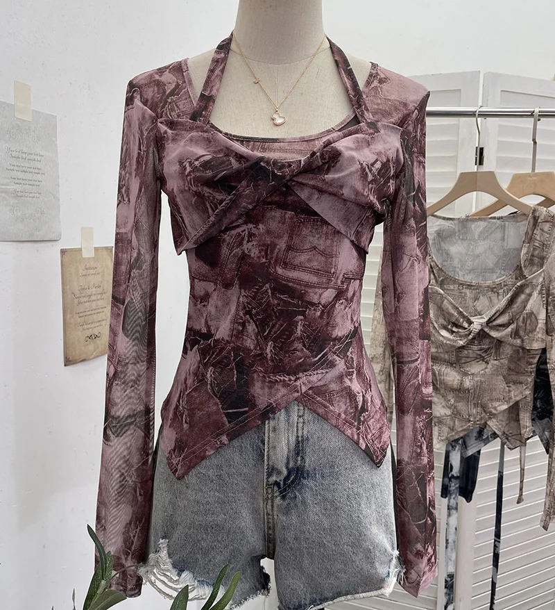 Nigikala Nigikala Special To The Net Yarn Design Sense Hanging Neck Top Cross Folded Repair Short T-Shirt 1178