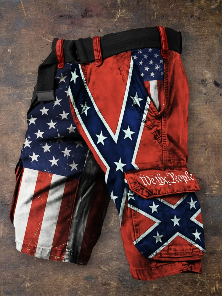 Men's Southern Pride Patriot American Flag & Rebel Flag Patchwork Cargo Shorts