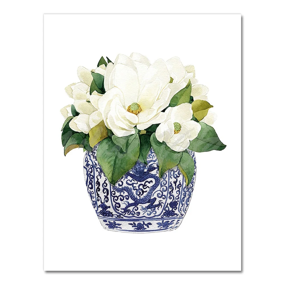 White Orchid & Magnolia Watercolor Chinoiserie Decor Canvas Print Oriental Vase Blue White Willow Style Porcelain Flower Jar
