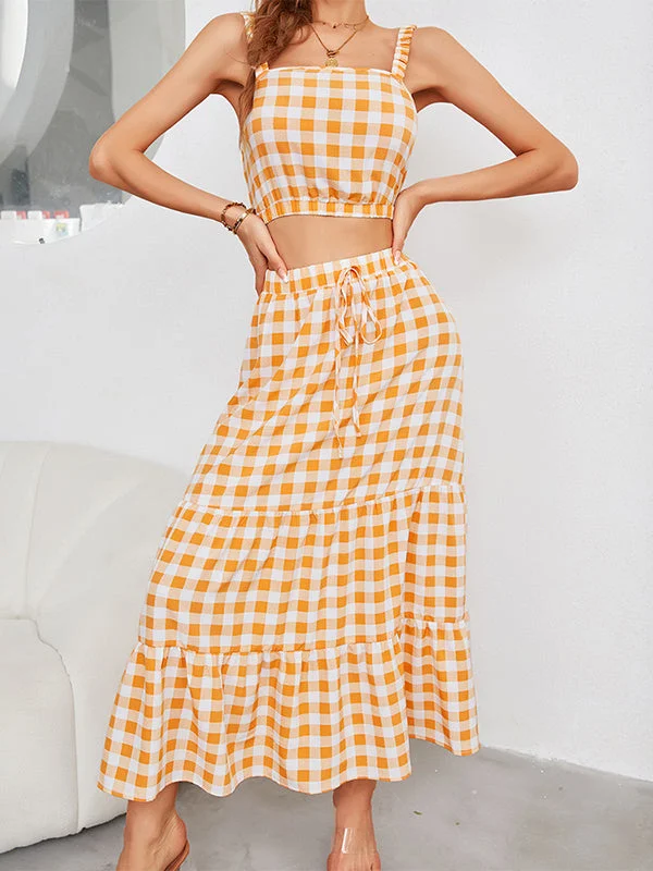 Vacation Sleeveless Plaid U-Neck Two Pieces Set