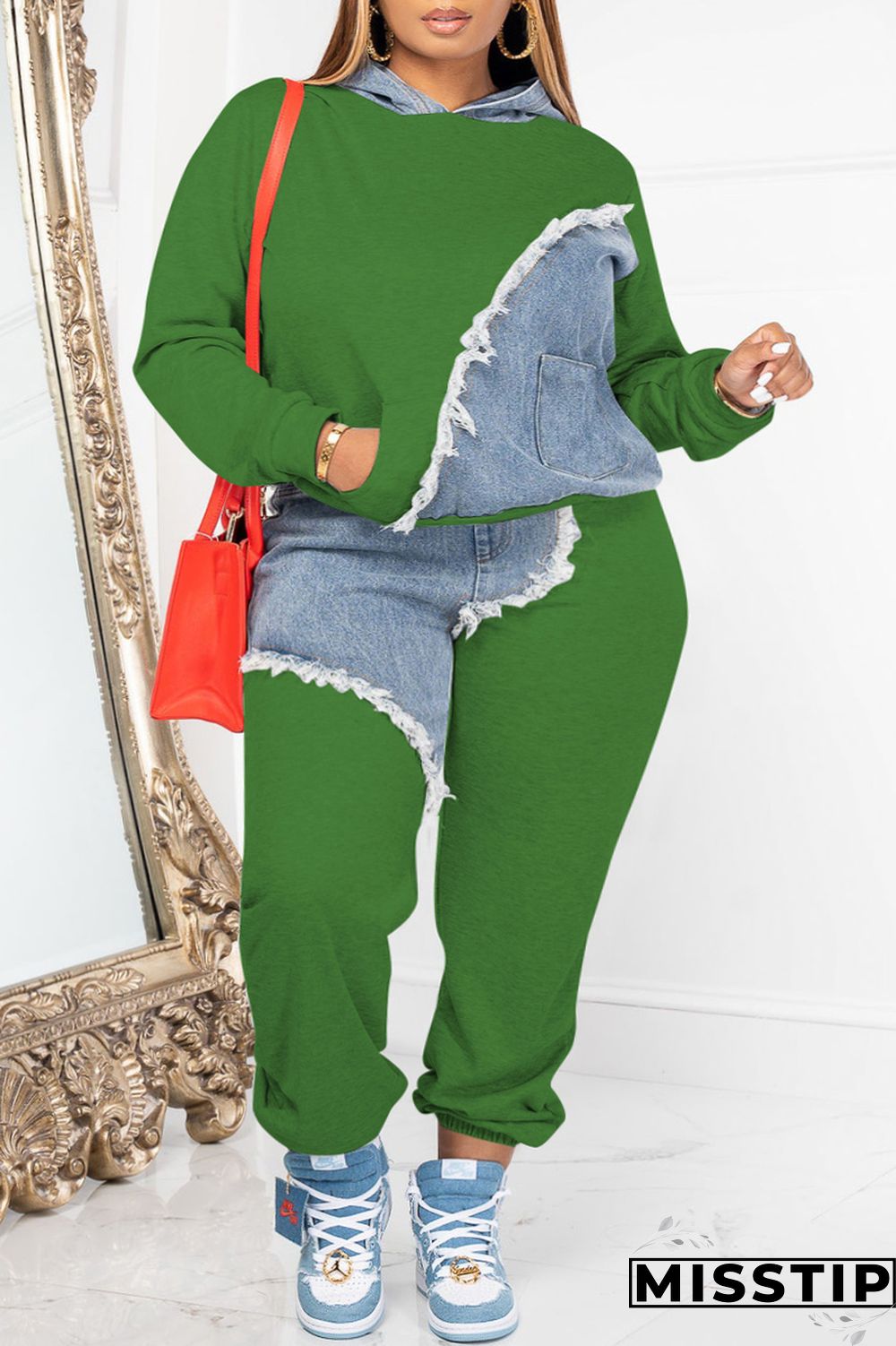 Orange Casual Patchwork Contrast Hooded Collar Plus Size Two Pieces