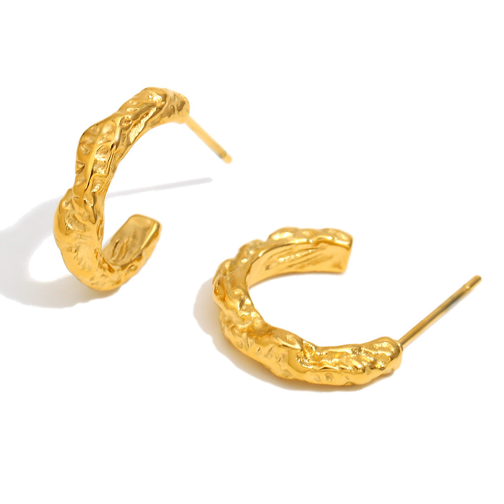 Fashionable Ins Style All-Match Earrings Stainless Steel Plated With 18K Gold Irregular Hammered Pattern Small Earrings