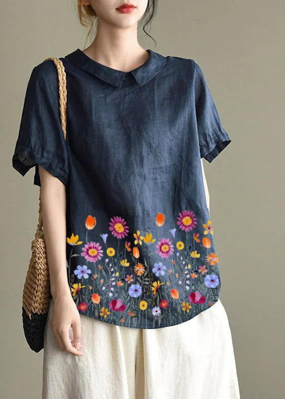 Simple Blue hem floral Peter Pan Collar Patchwork Summer Linen Blouses