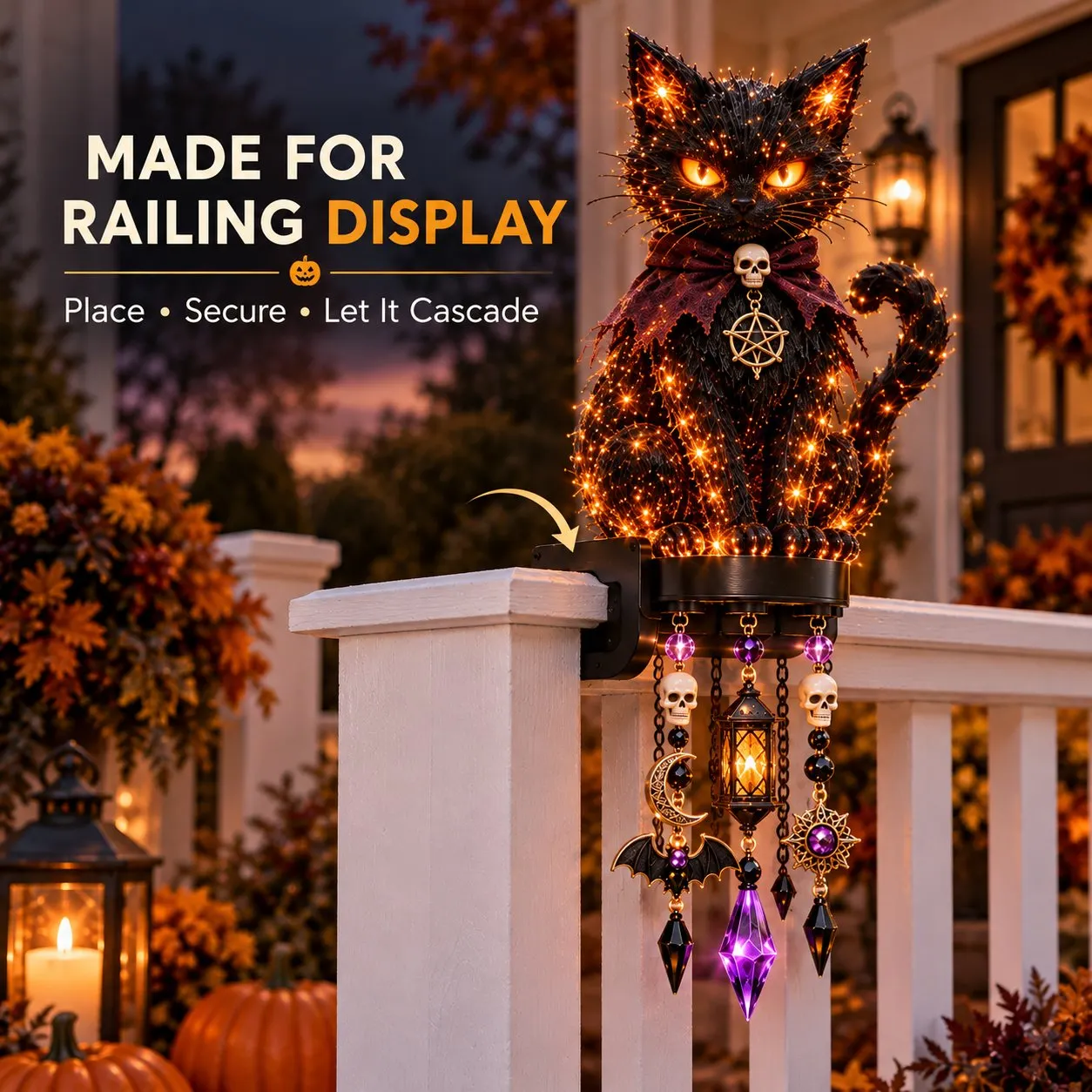 Multiple Halloween railing light display