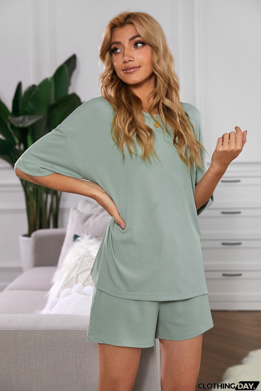 Khaki Crew Neck Short Sleeve Ribbed Lounge Set