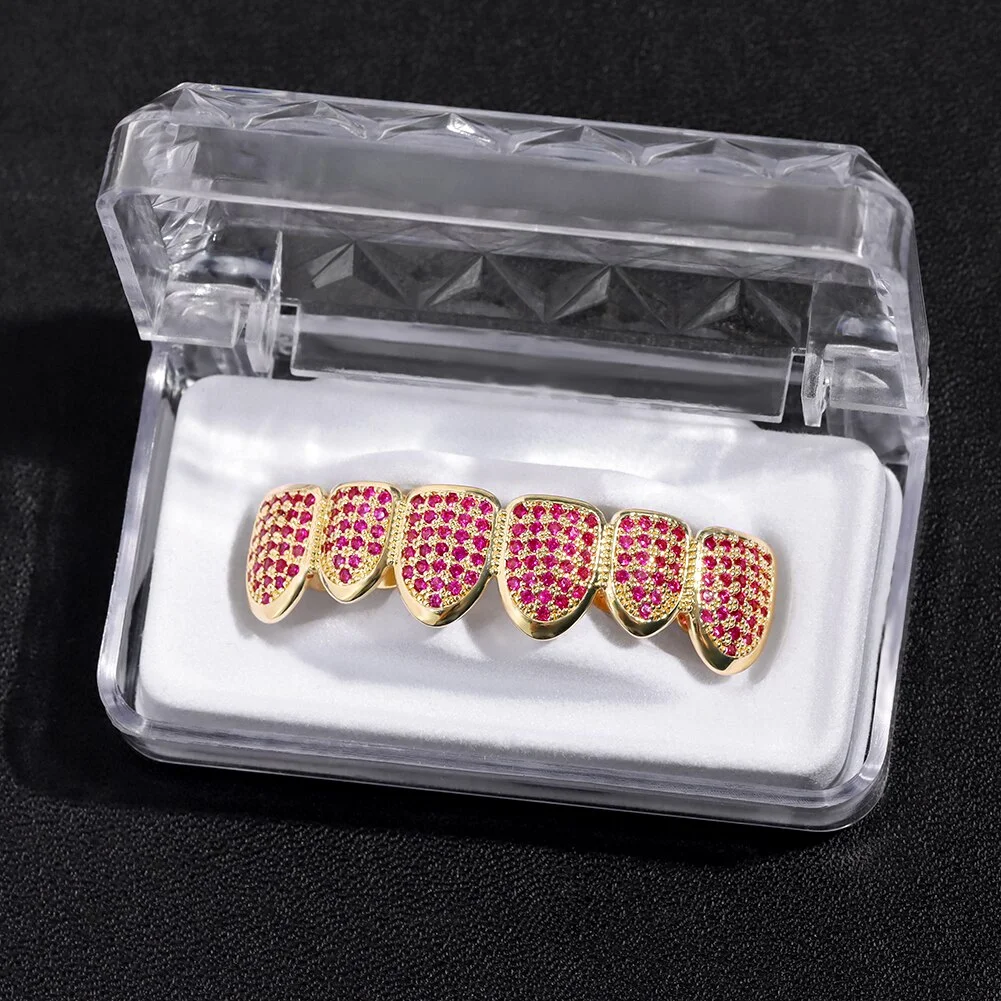Iced Out 14K Gold Plated Pink CZ Teeth Grillz Caps Bling Halloween Jewelry-VESSFUL