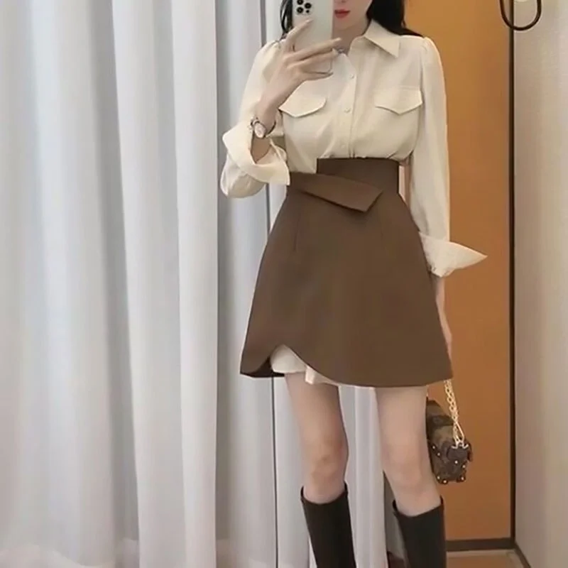 Graduation Gifts  2022 Autumn 2 Piece Dress Set Women Long Sleeve irregularBlouse +  Mini Skirts Fashion Suit Office Lady Korean Fashion Clothing
