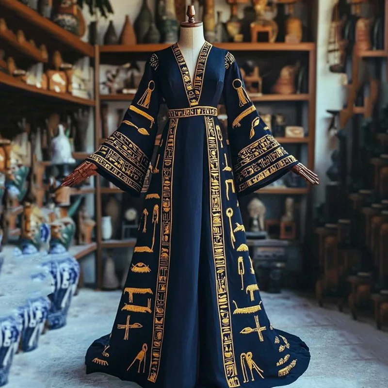Vintage Ankh Ancient Egyptian Embroidered Art Linen V Neck Maxi Dress