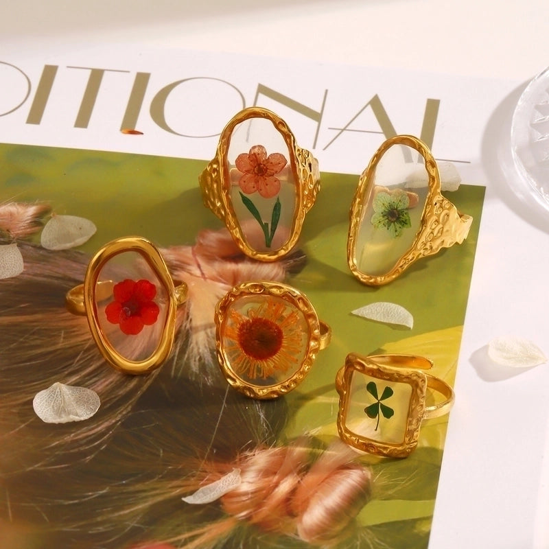 Elegant Streetwear Geometric Oval Flower 304 Stainless Steel Acrylic 18K Gold Plated Plating Open Rings