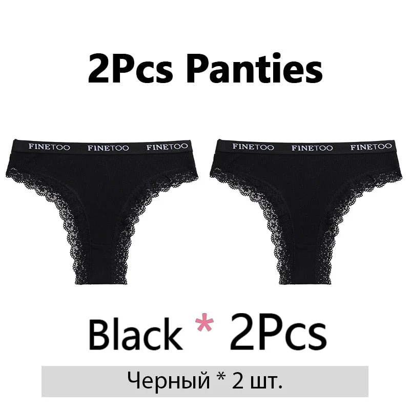 FINETOO 2Pcs/Set Cotton Panties for Women Sexy Ladies Lace G-string Solid Color Thongs Girls Plus Size M-2XL Underwear Lingerie
