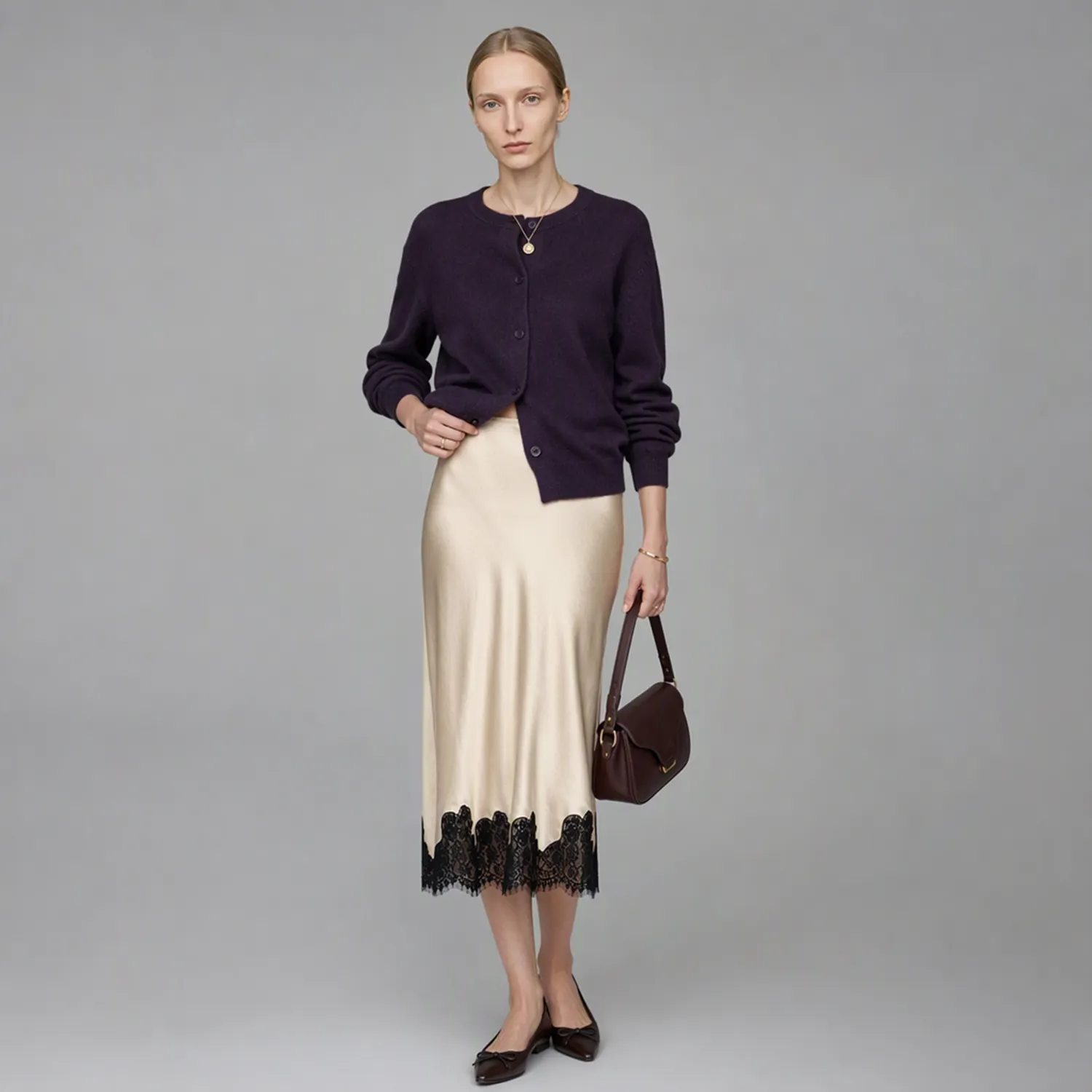 Women's Mulberry Silk Skirt Bias-Cut Maxi Lace-Trim Hem REAL SILK LIFE