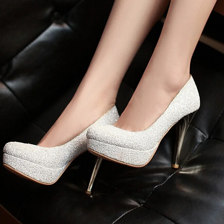 White Sparkly Heels Dress Shoes Glitter Stiletto Heels Platform Pumps Vdcoo