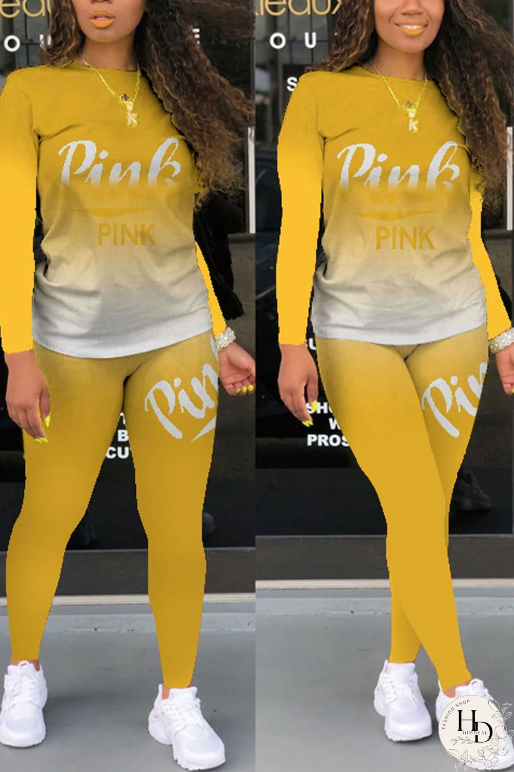 Yellow Casual Print Letter O Neck Long Sleeve Two Pieces