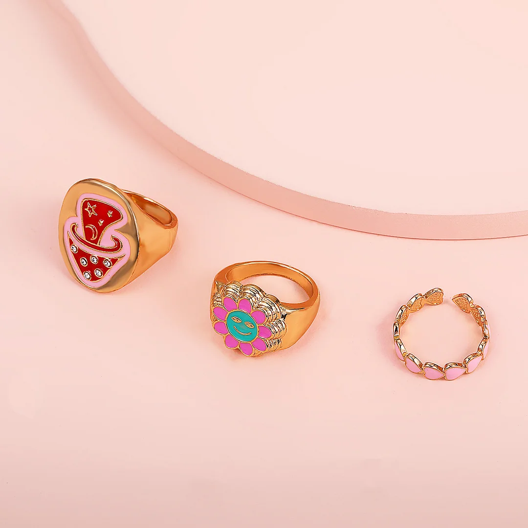 Drip Oil Mushroom Sun Heart Gold Plated Rings Set of 3