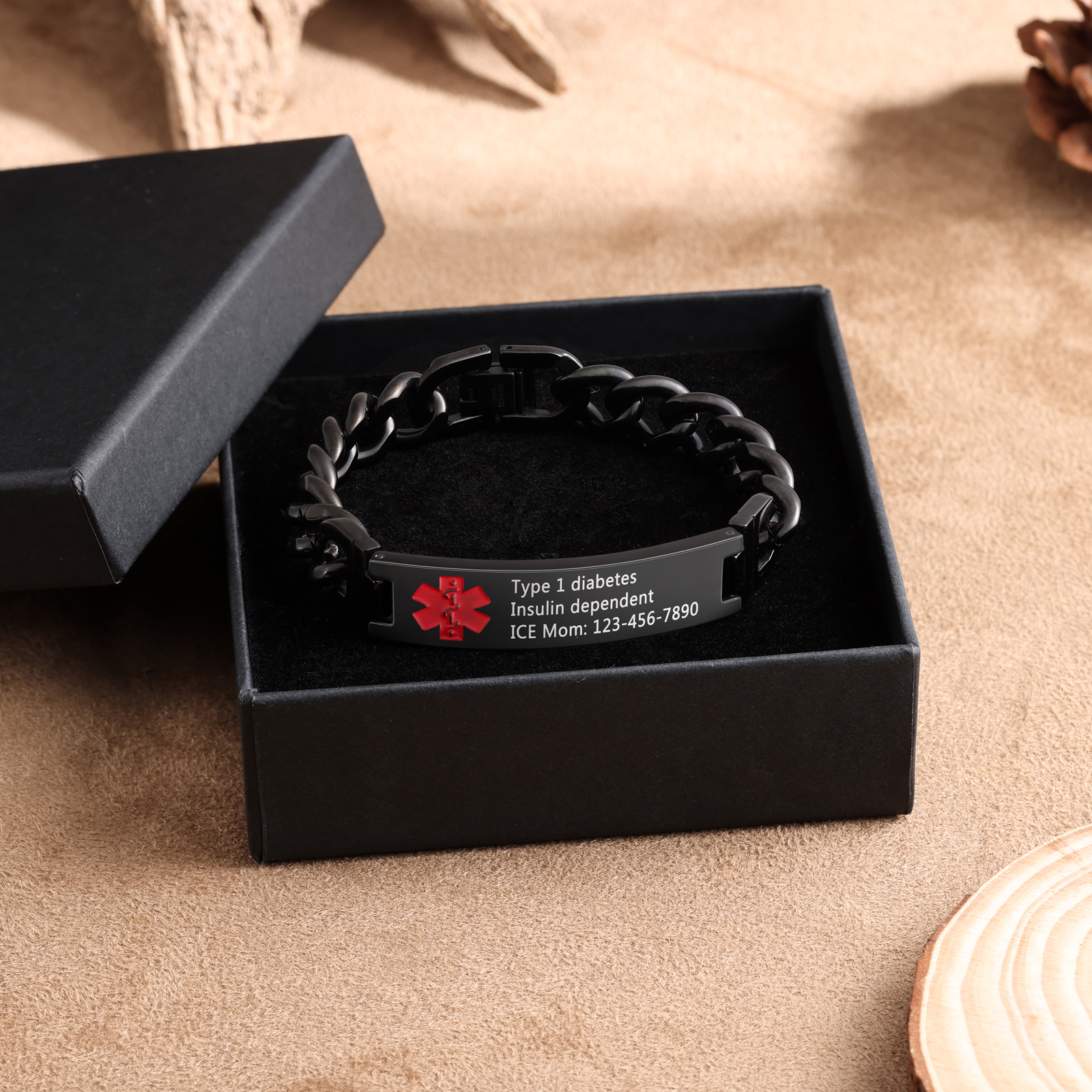 Personalized Medical Alert Bracelet ID Wristbands Stainless Steel Emergency Black Bracelet