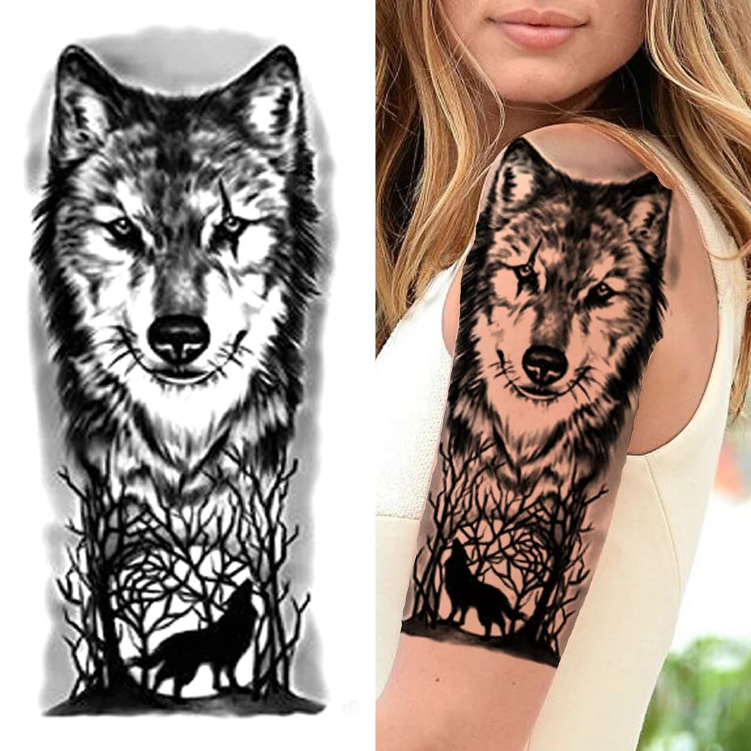 Cross Lion Temporary Tattoo For Women Men Adult Skull Tiger Wolf Forest Tattoo Sticker Black Fake Realistic Demon Tatoos Forearm