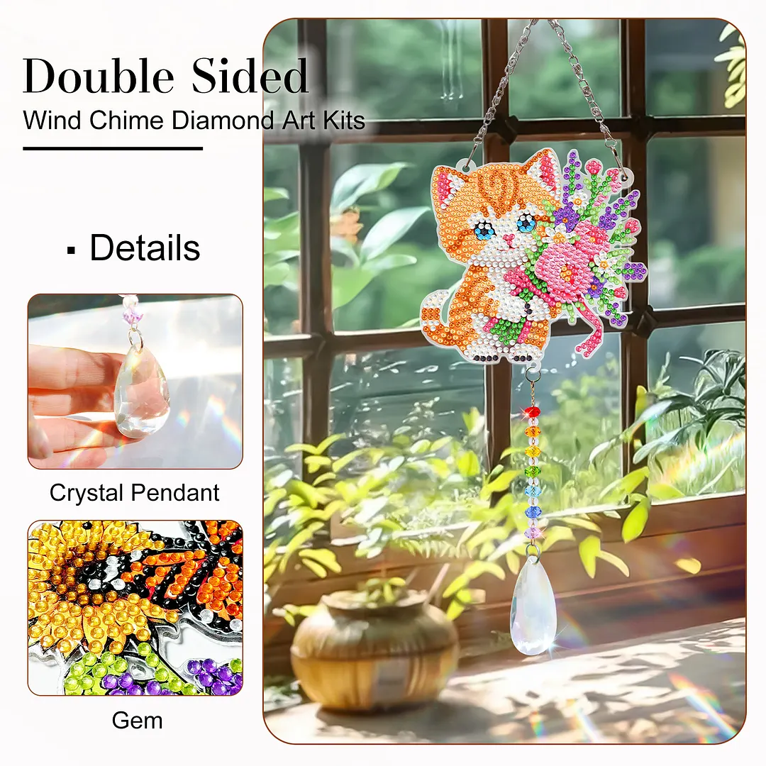2Pcs Cat DIY Acrylic Diamond Painting Art Wind Chimes with Crystal Pendant Diamond Art Hanging Pendant Double-Sided for Adults Beginners Gift Home Garden Decor