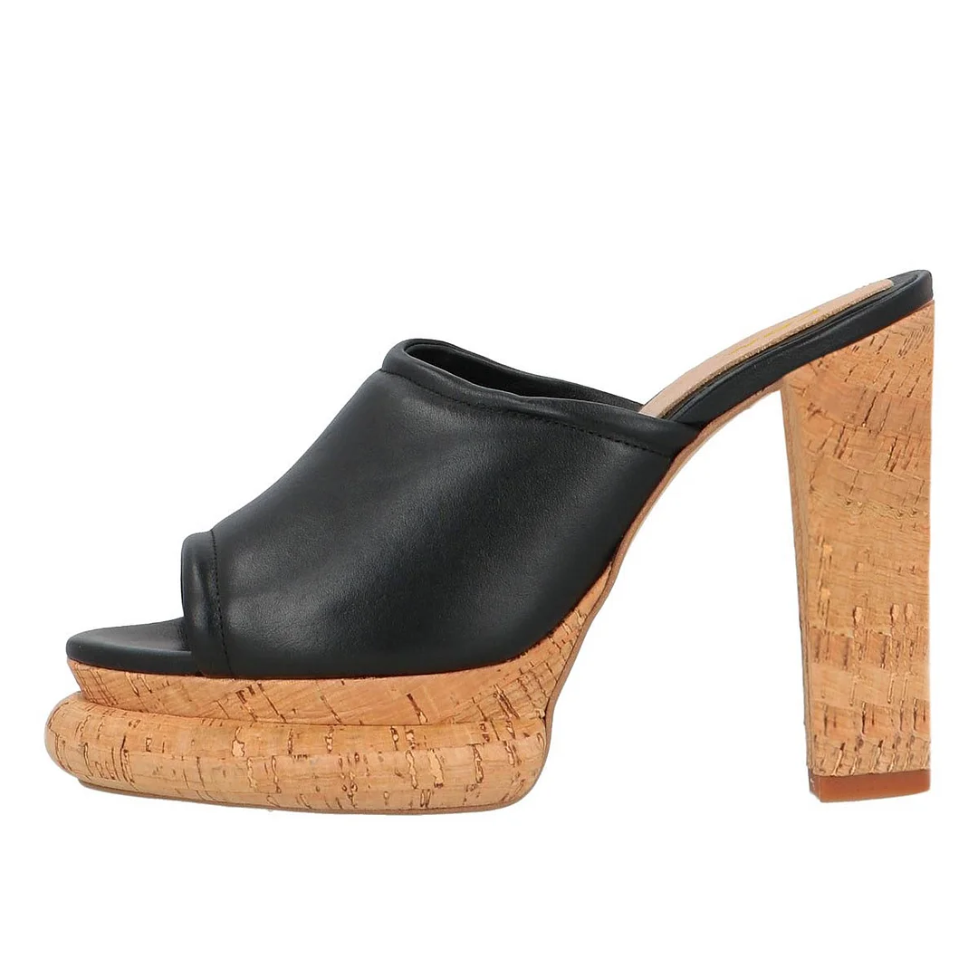 Casual Black Peep Toe Platform Chunky High Heel Mules for Women