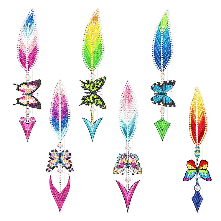 6pcs Point Drill Bookmark Art Craft DIY Single Side Feather with Crystal Pendant gbfke