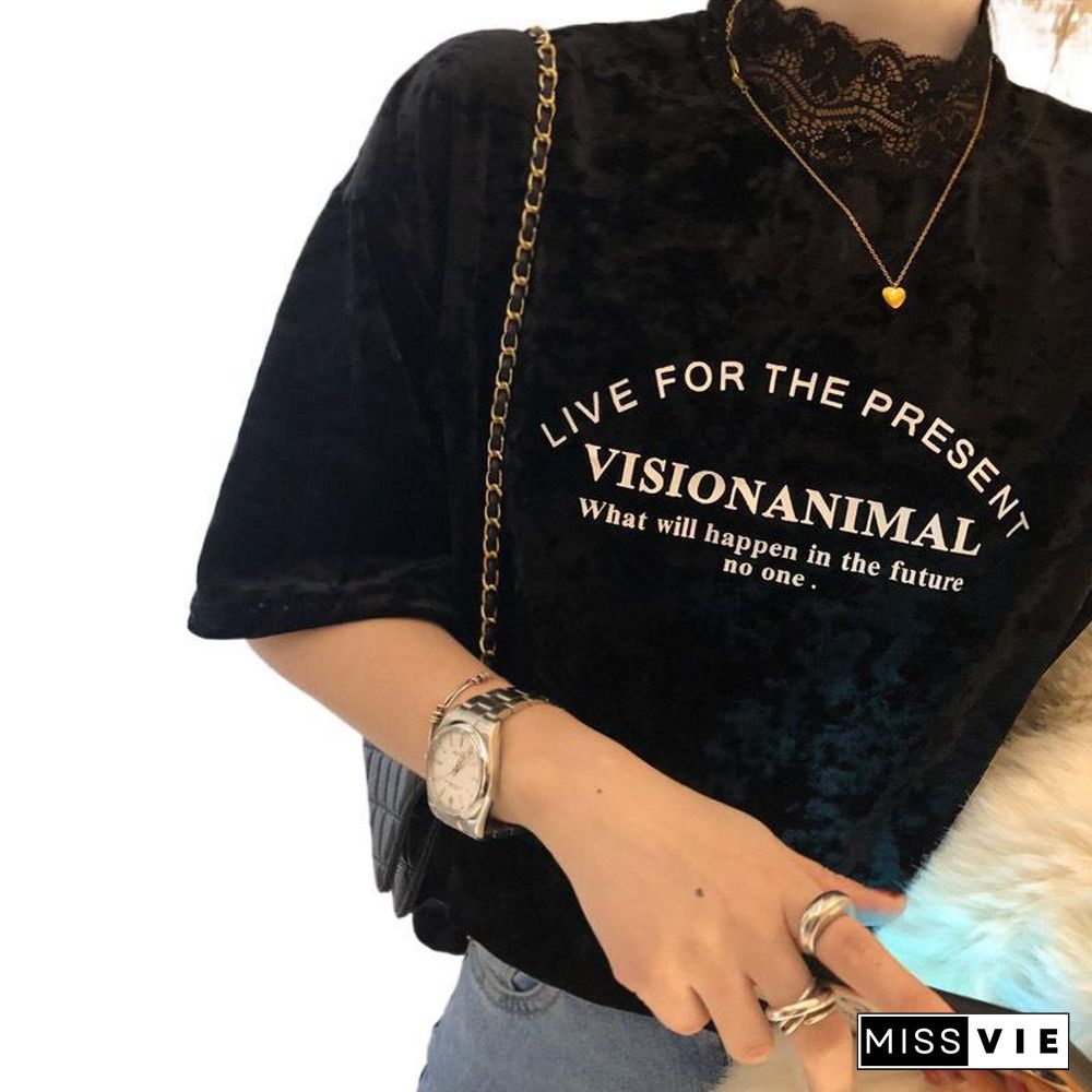 Round Neck Letter Printed Velvet Top