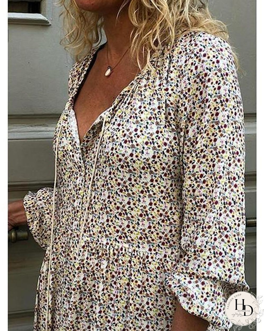 Women Shift Boho Floral Maxi Dresses Long Sleeve V Neck Dresses