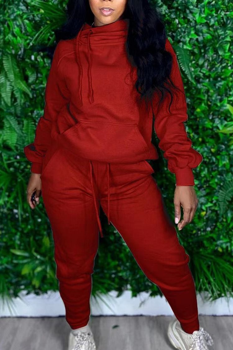 Plus Size Casual Red Tie Rope Hoodie Two Pieces Hoodies Set