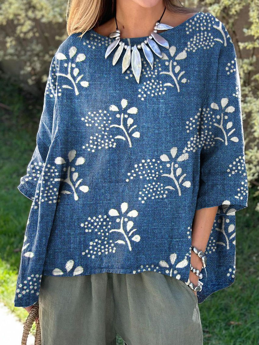 Women's Vintage Floral Art Print Casual Cotton And Linen Shirt