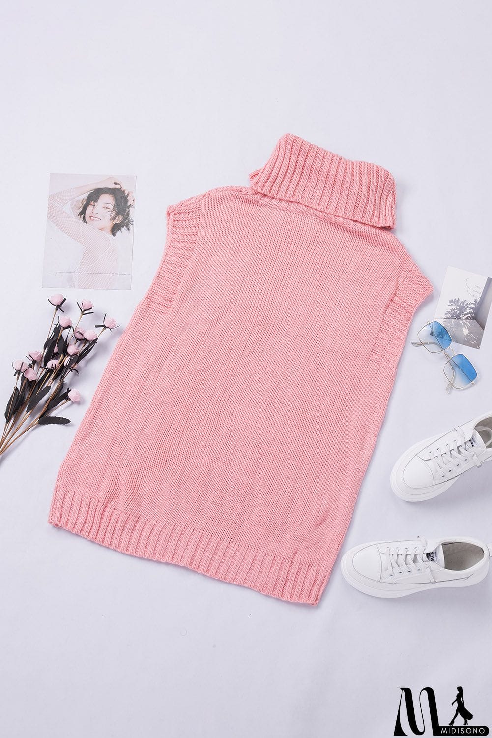 MidiSono - Casual Pink Turtleneck Braided Knitted Vest