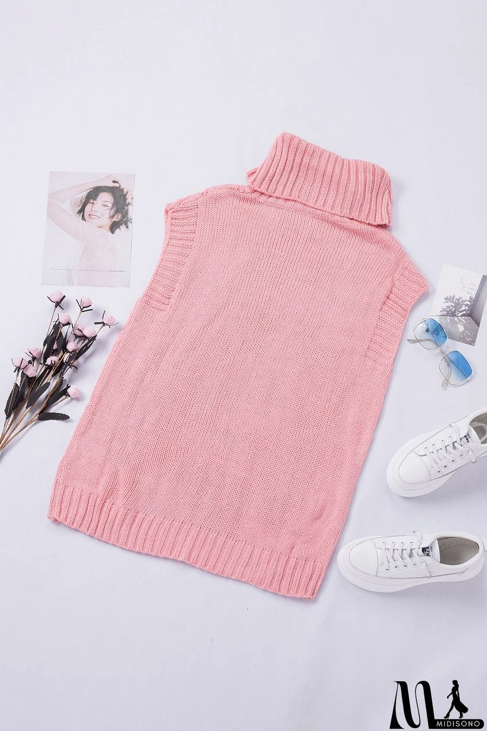 MidiSono - Casual Pink Turtleneck Braided Knitted Vest