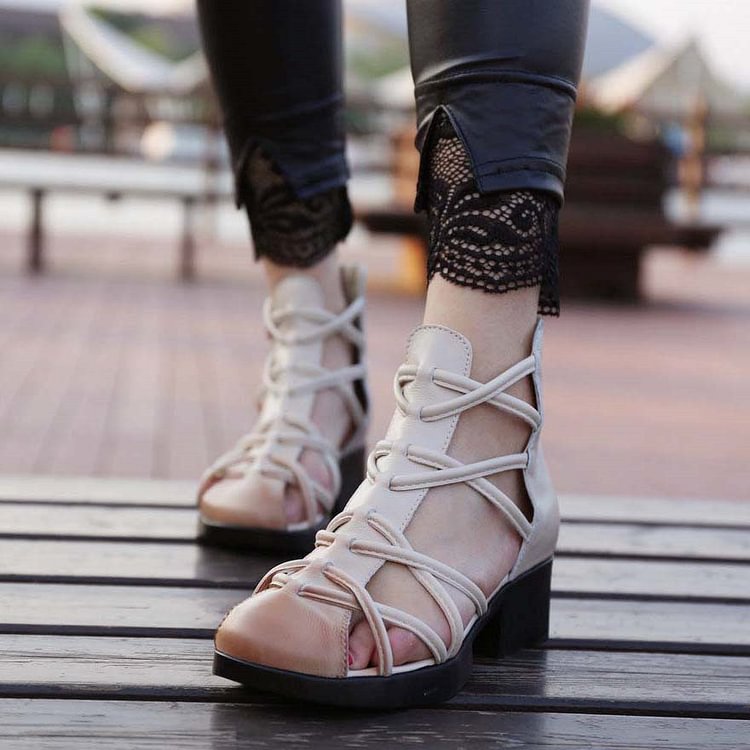 Women's Beige Low Chunky Heel Vintage Strappy Sandals |FSJ Shoes