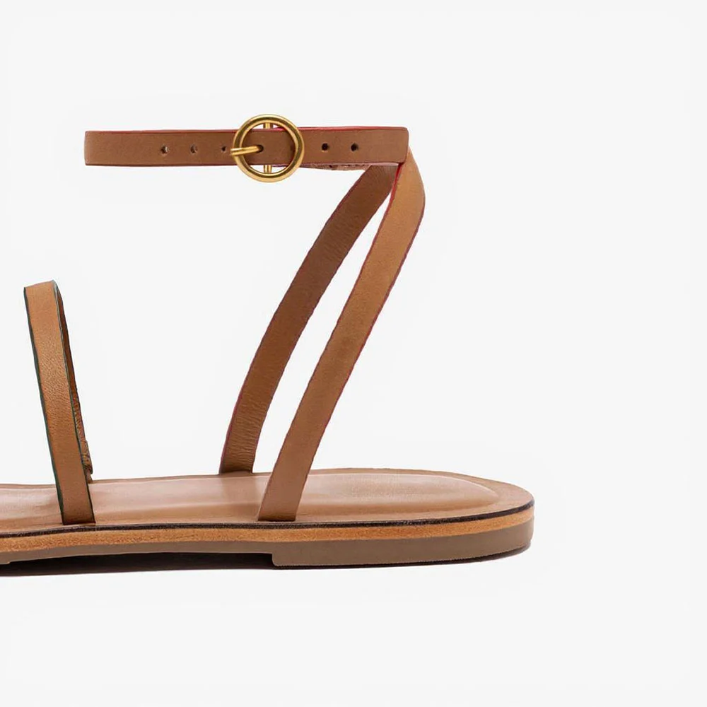 Tan Round Toe Ring Ankle Strap Buckle Flat Sandals for Women