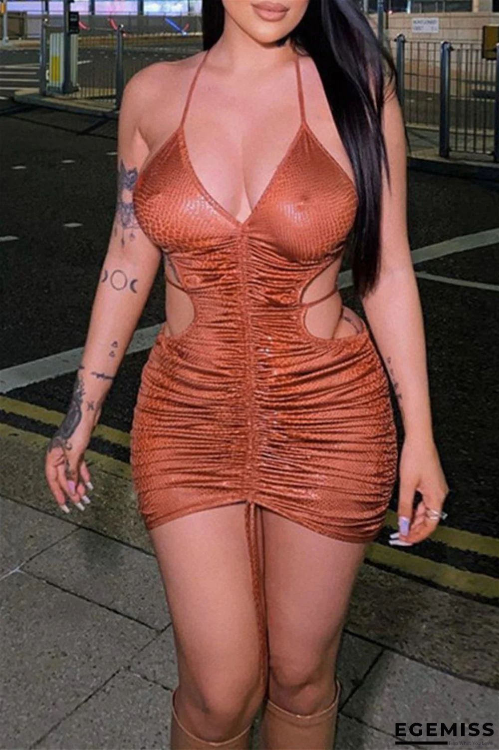 Brown Sexy Solid Bandage Draw String Backless Halter Sling Dress | EGEMISS