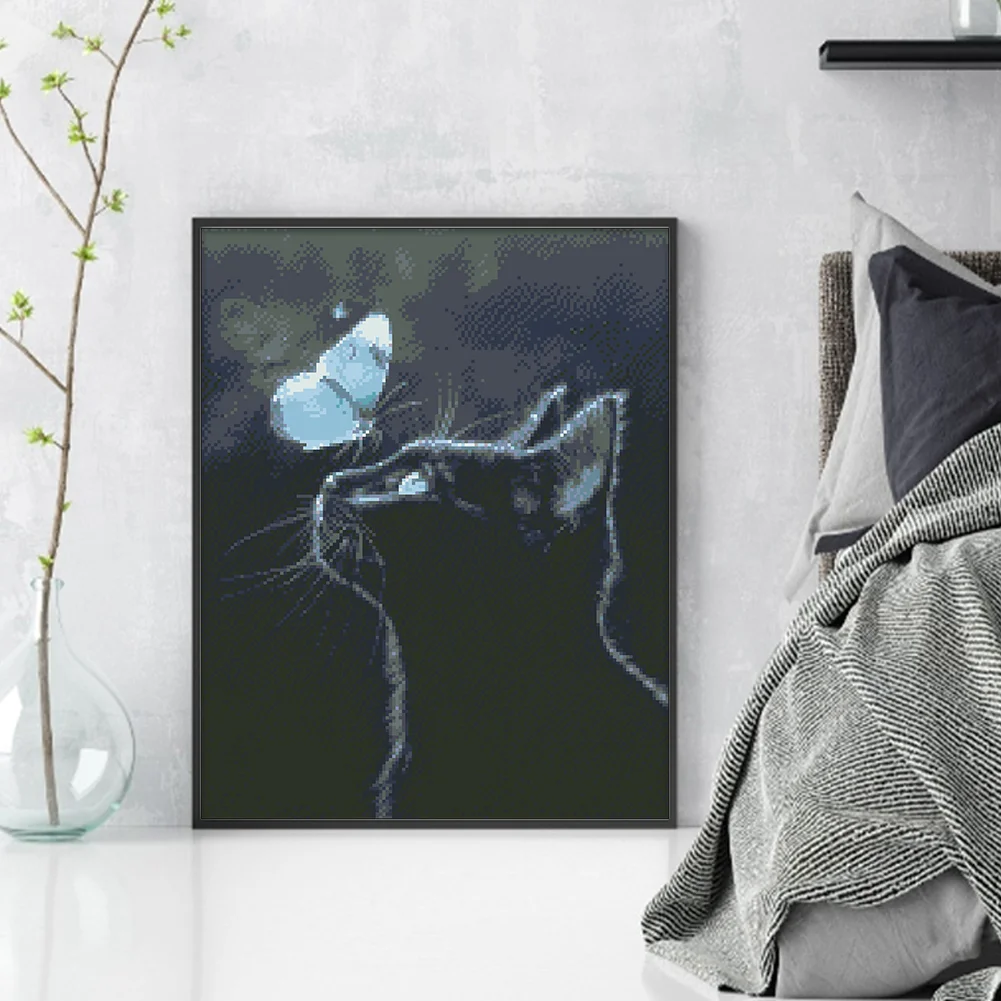 9CT Full Stamped Cross Stitch Bead Embroidery- Cat Butterfly(Canvas|40*52CM)