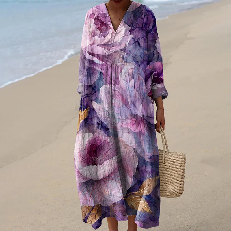 Comstylish Women's Vintage Floral Art Print Cotton Dress