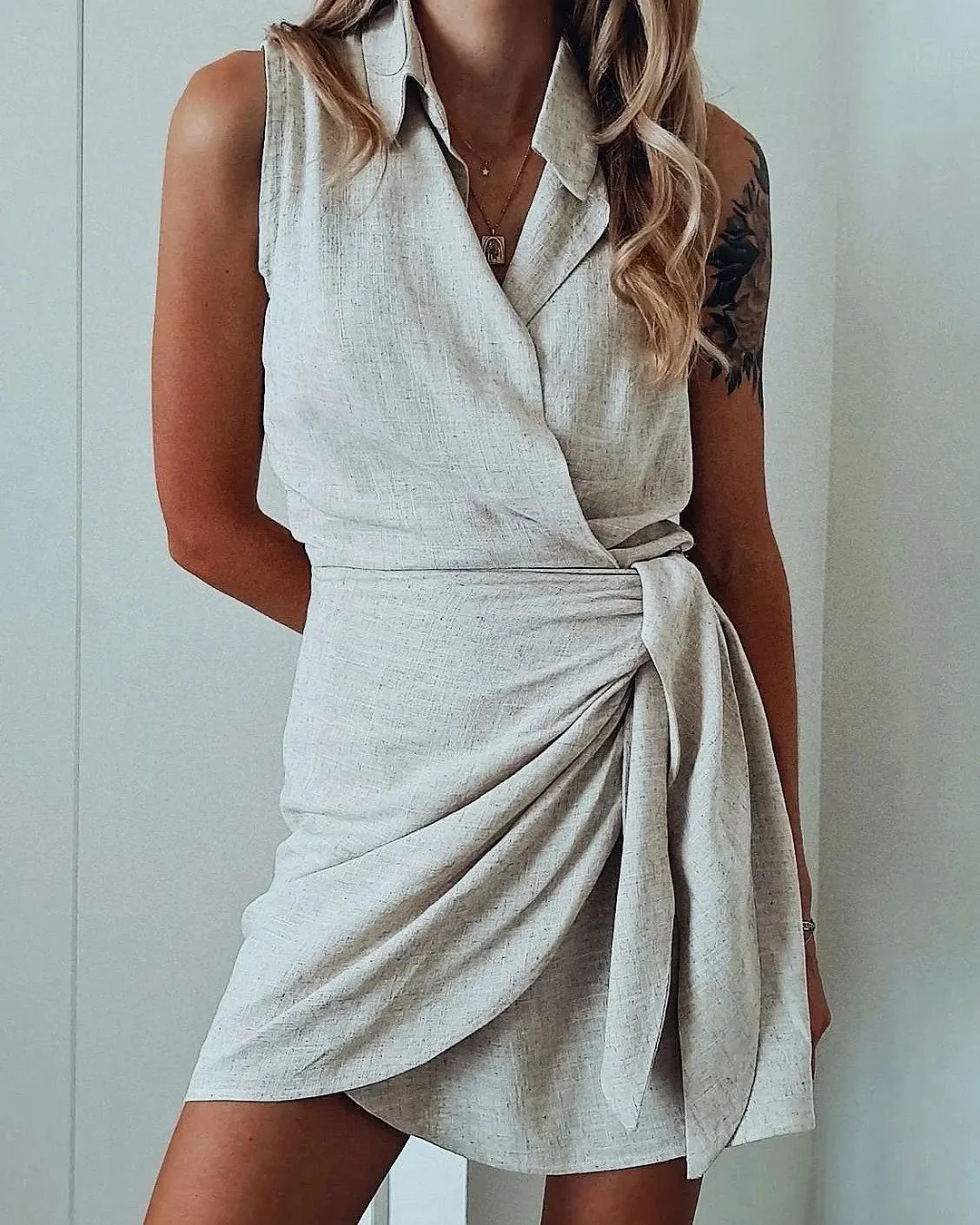 Irregular Tie Sleeveless Shirt Dress-(Hand Made)