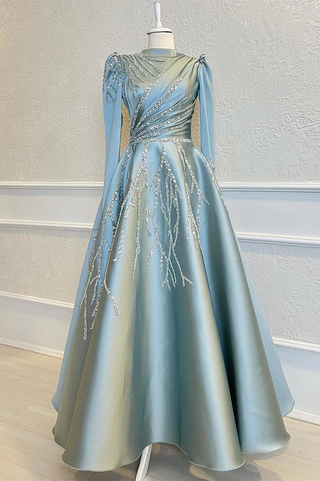 High Collar Long Sleeves A-Line Beads Prom Dress With Pleated Appliques ...