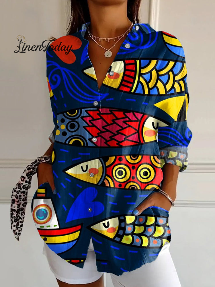 Women’s Fish Art Print Casual Cotton Shirt Multicolor / S