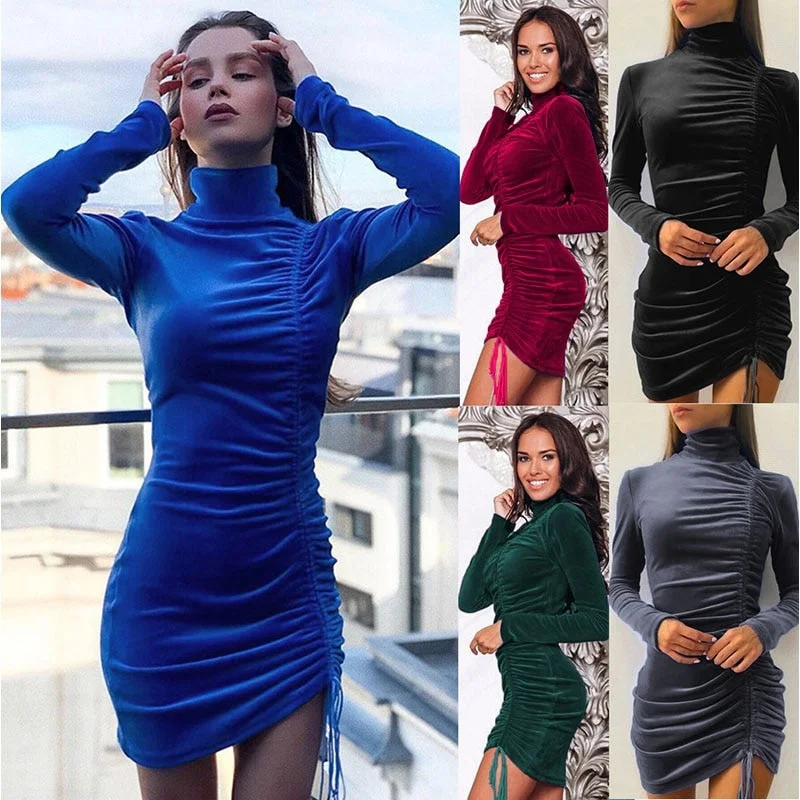 2021 Casual Solid Bodycon Folds Drawstring Women's Dress Spring Autumn Fashion Turtleneck Long Sleeve Elegant Ladies Mini Dress