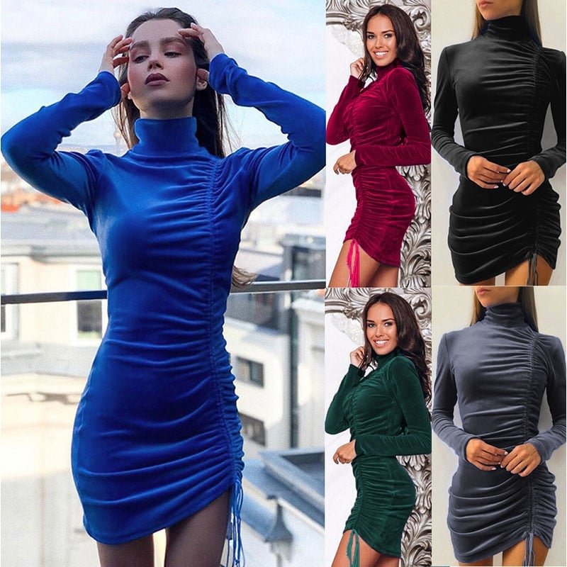 2021 Casual Solid Bodycon Folds Drawstring Women's Dress Spring Autumn Fashion Turtleneck Long Sleeve Elegant Ladies Mini Dress