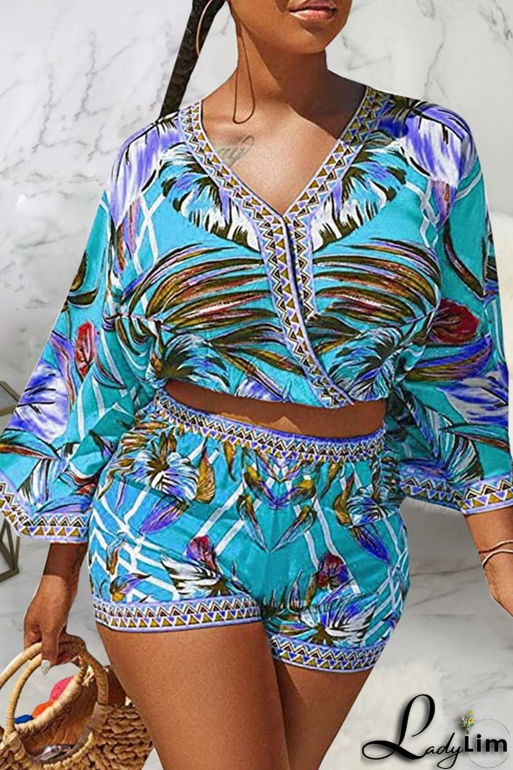 Blue Sexy Print Split Joint V Neck Three Quarter Two Pieces