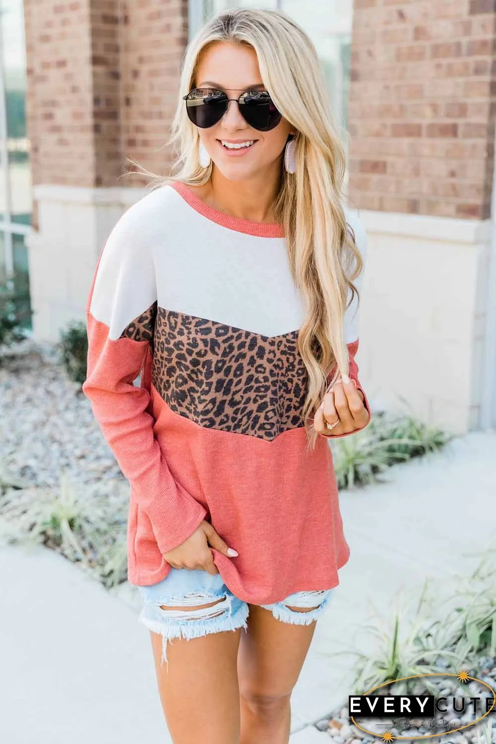 Red Leopard Print Stitching Color Block Long Sleeve Top