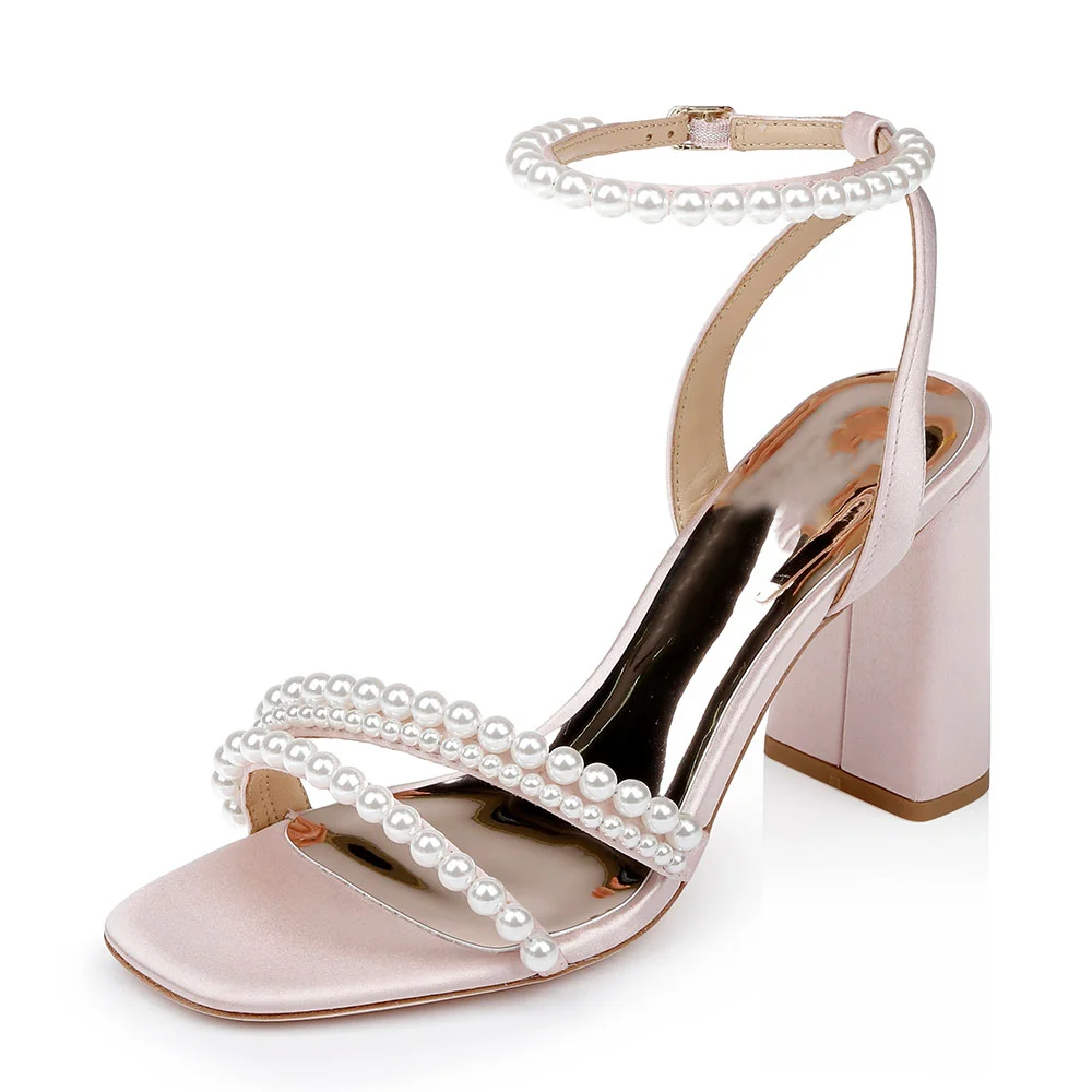 Gold Satin Opened Toe Pearl Embellished Ankle Strappy Sandals With Chunky heels Nicepairs
