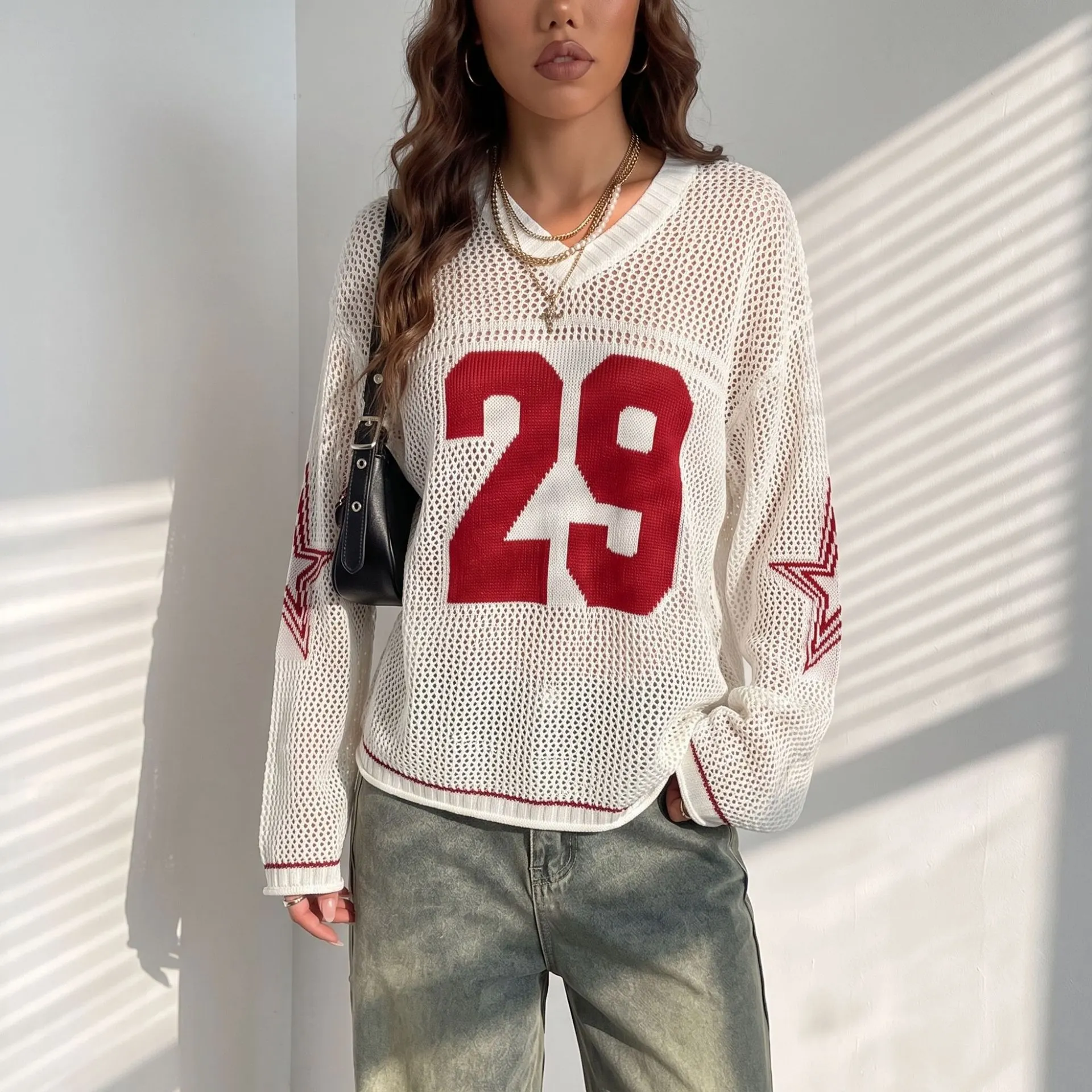Women Hollow Mesh Knit V Neck Sweater