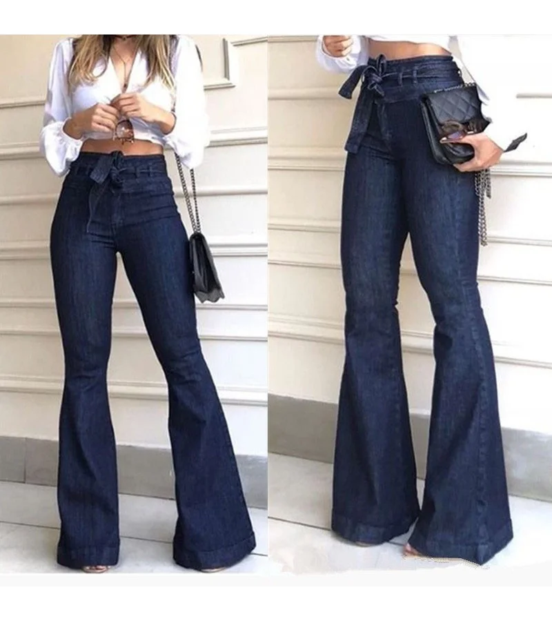Women Fashion High Waist Solid Color Flared Jeans S-2XL