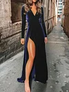 Solid Color  Velvet Split-Front  Long Sleeved Maxi Dress