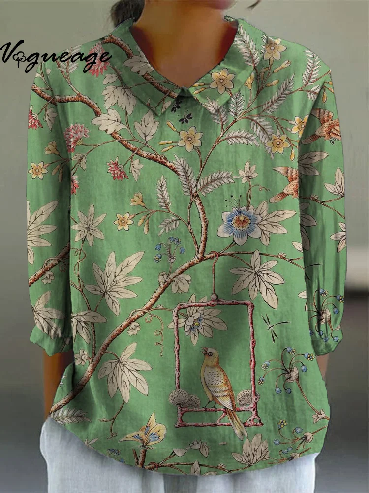 Elegant And Gentle Flowers And Birds Printed Cotton And Linen Shirt