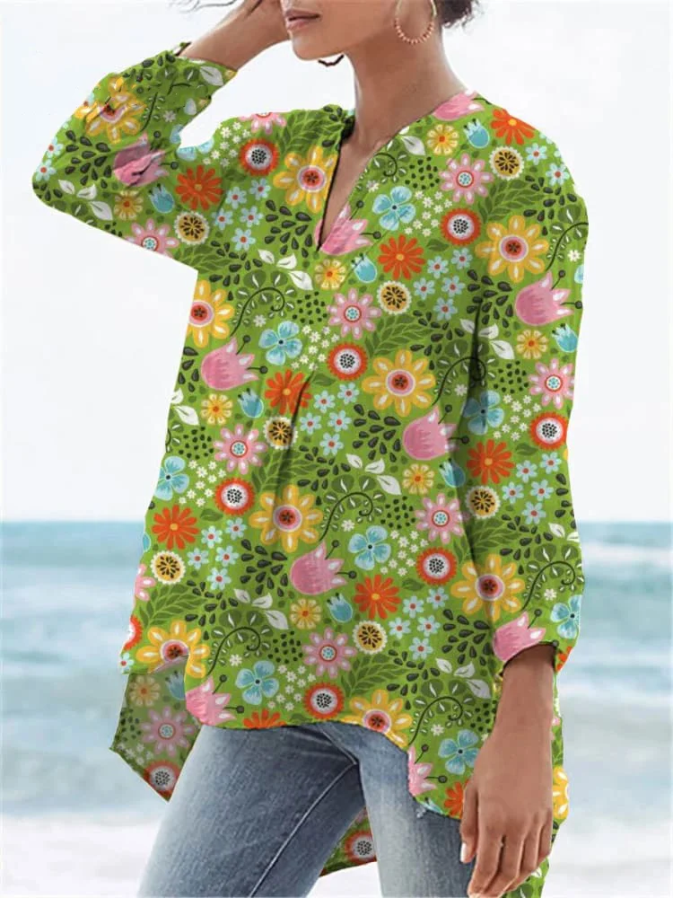 Women's  Flower Print Casual Linen V-neck Shirt